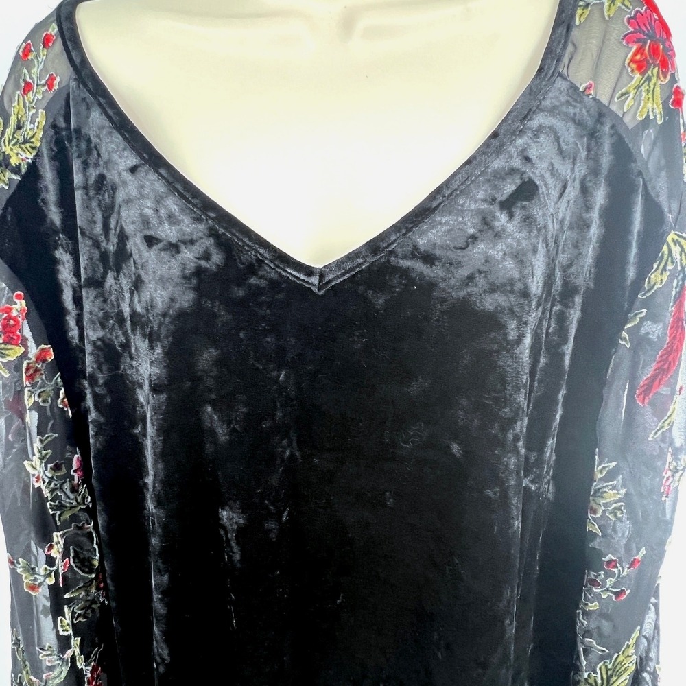 Adiva Womens Top 3X Black Velvet Sheer Embroidered‎ Red Floral Sleeves Romantic - Picture 3 of 8
